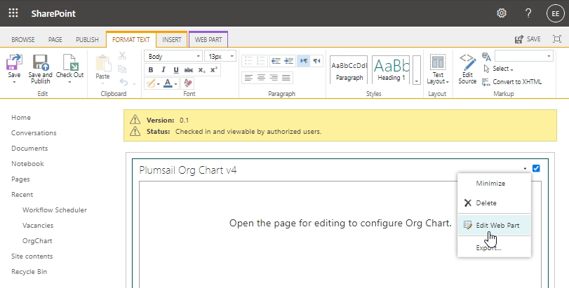 Edit Org Chart web part on a classic page