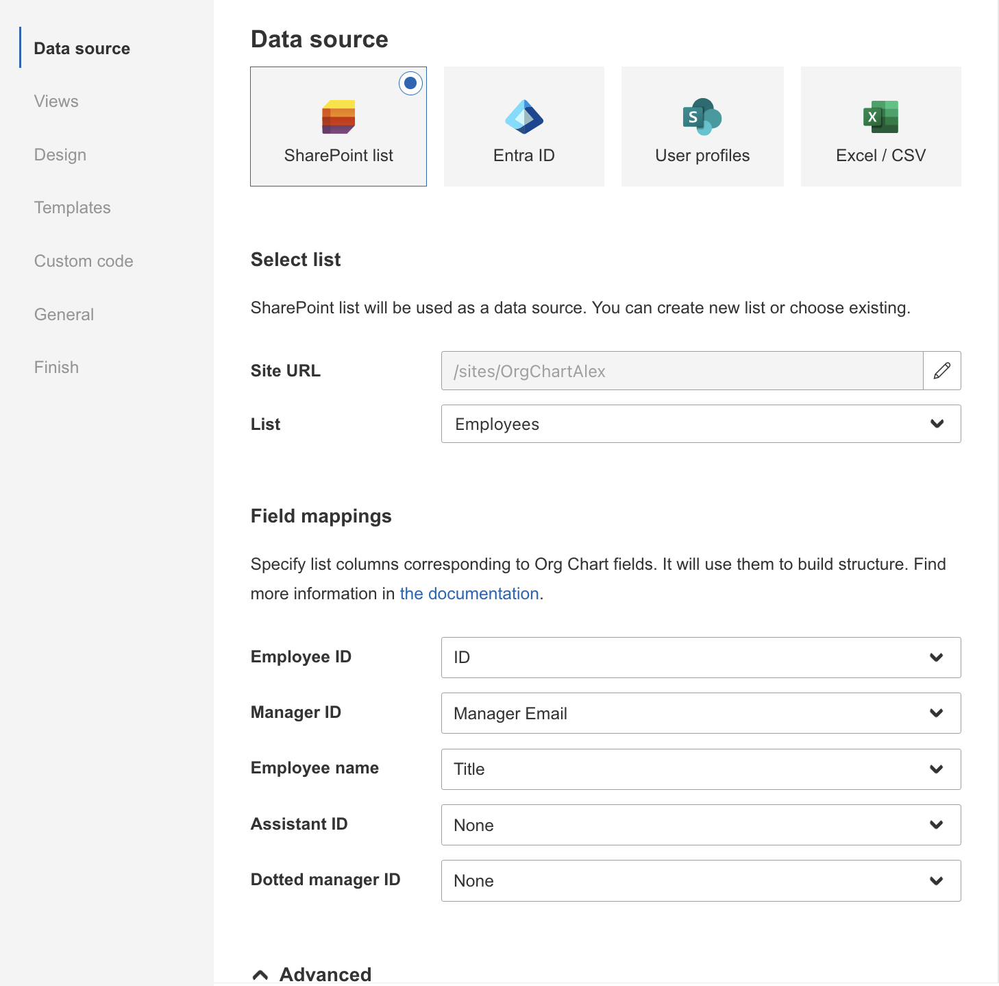 Configured list fields mapping