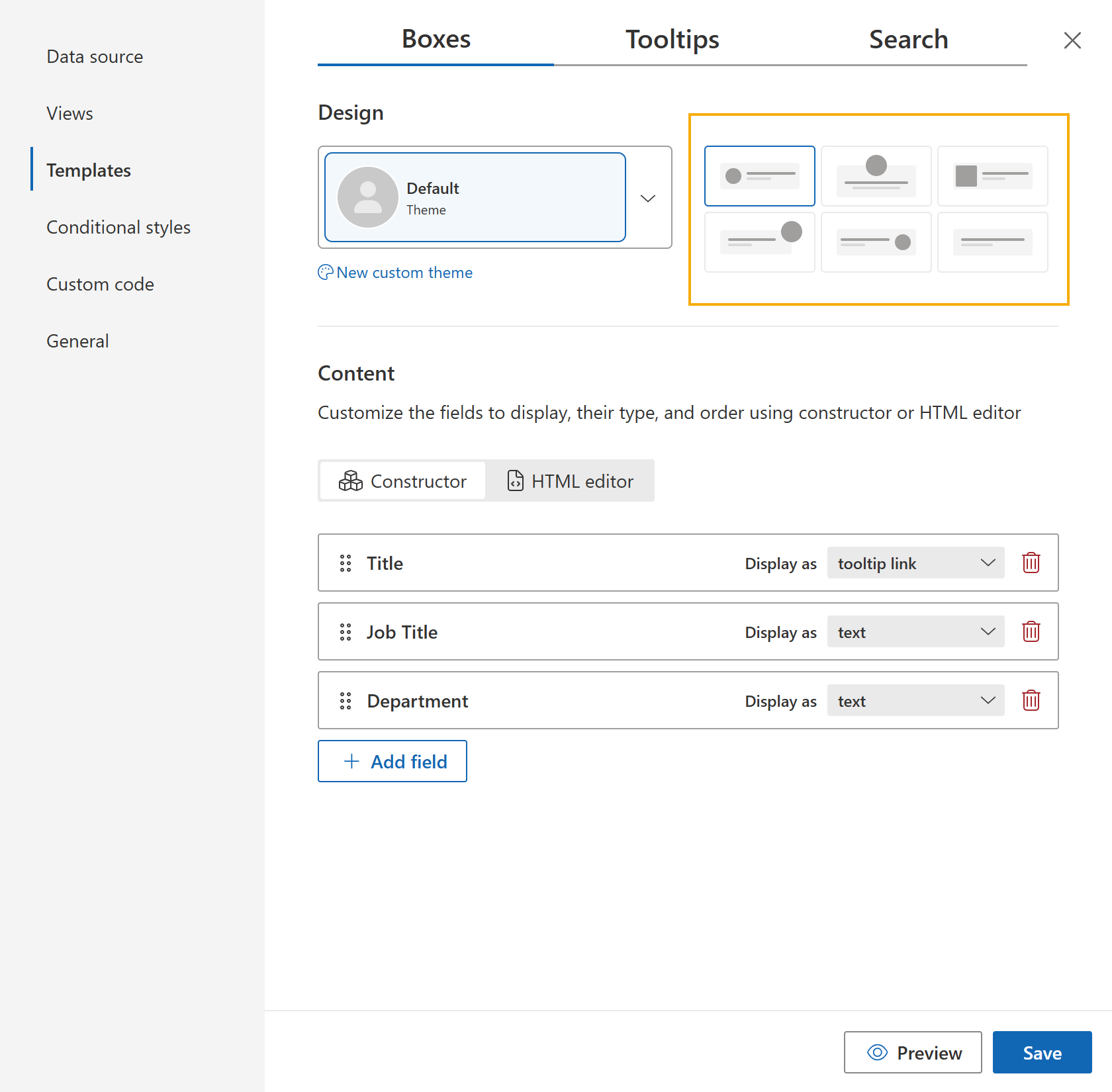 Box layout options in Org Chart templates