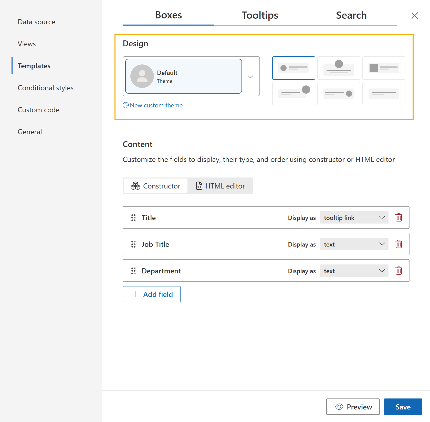 Design settings for Org Chart templates