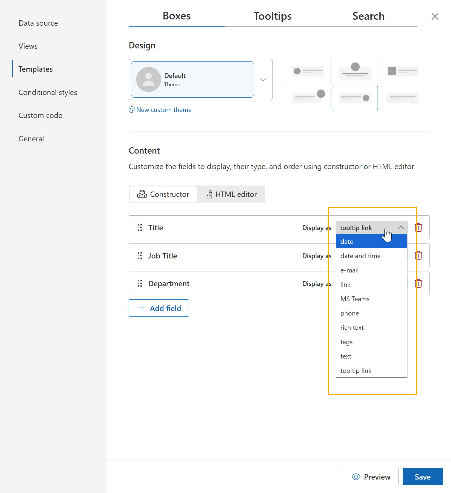 Display as options for a template field