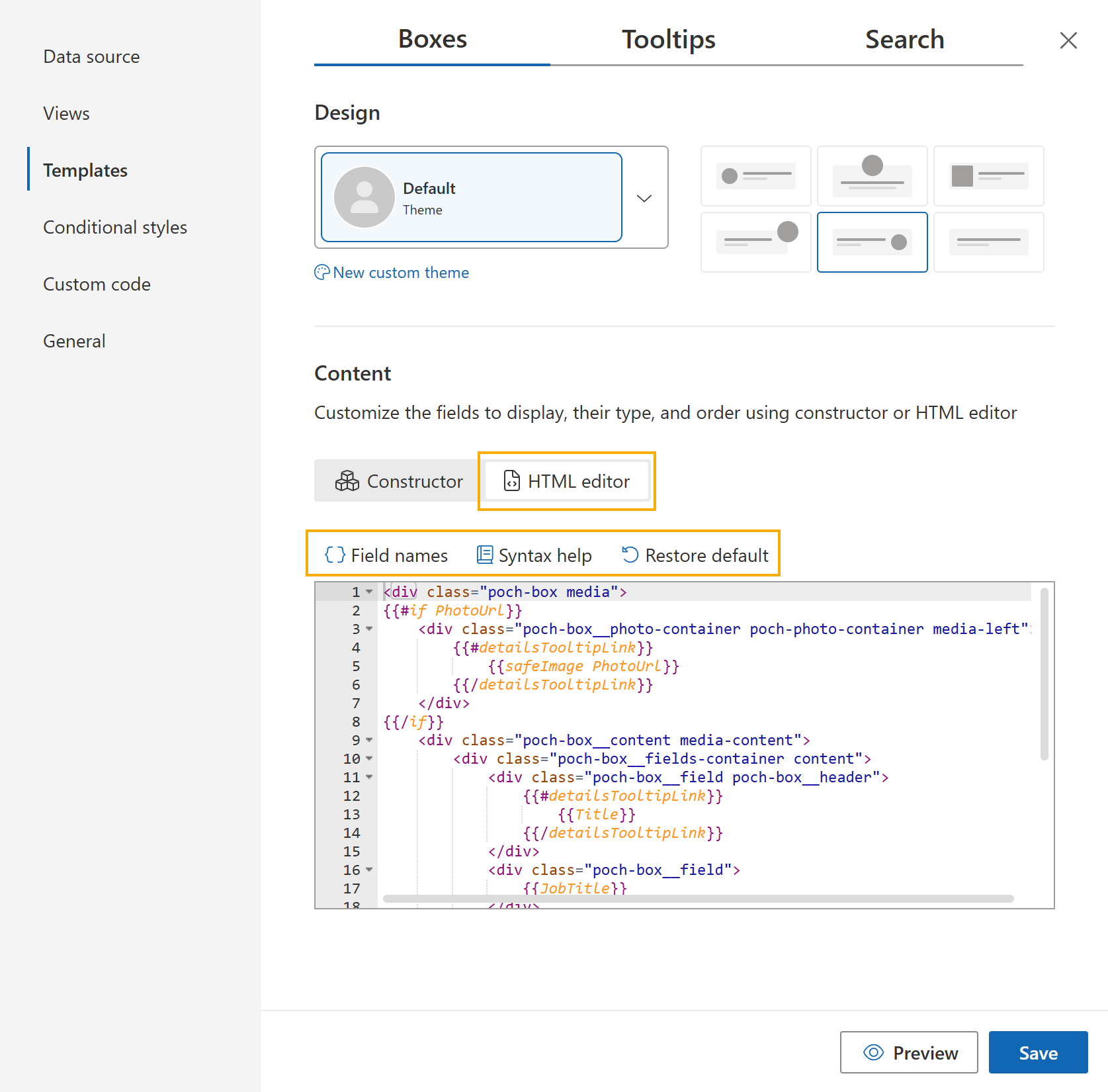 HTML editor for Org Chart templates
