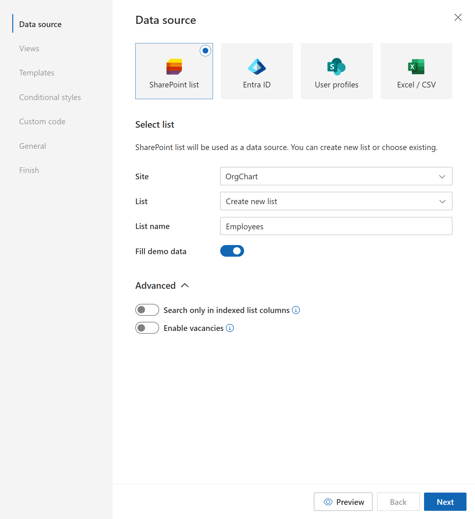 Org Chart configuration wizard
