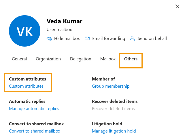 Exchange Online Admin Center showing the Custom attributes option in user properties