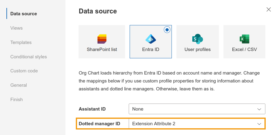 Org Chart mapping settings showing a custom Entra ID attribute selected for dotted-line managers