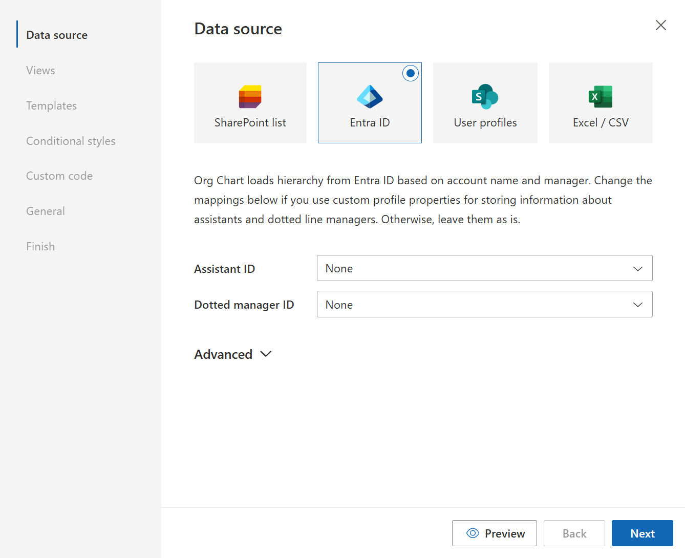 Map Entra ID fields for assistants and dotted-line managers in the Org Chart configuration wizard