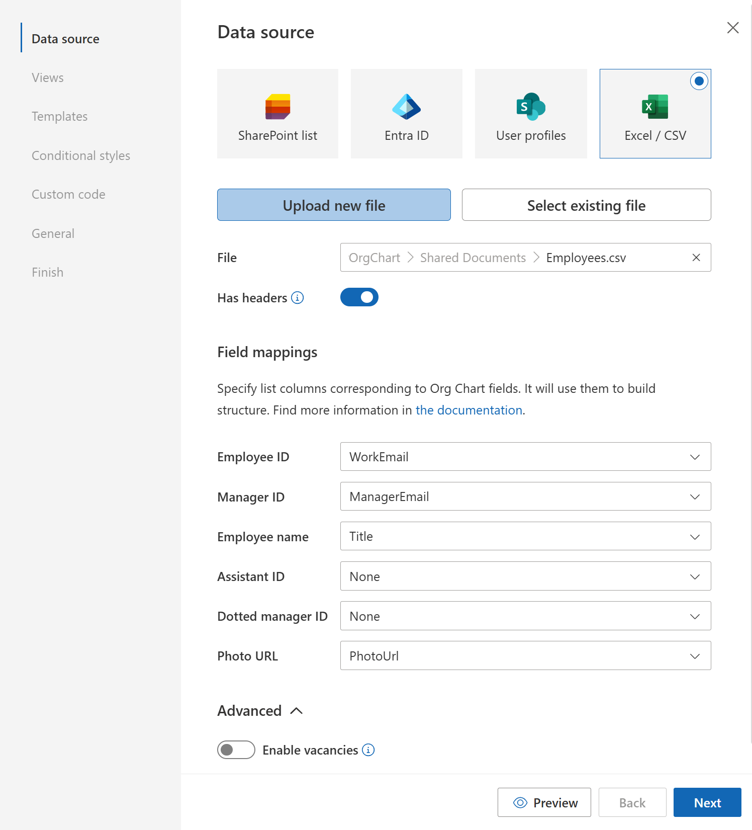 Map Excel or CSV columns to Org Chart fields in the configuration wizard
