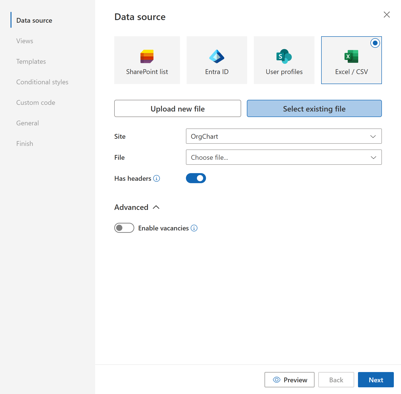 Select the site and library for the Excel or CSV data source file