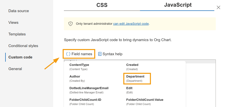 Field names menu showing Department field for Org Chart grouping
