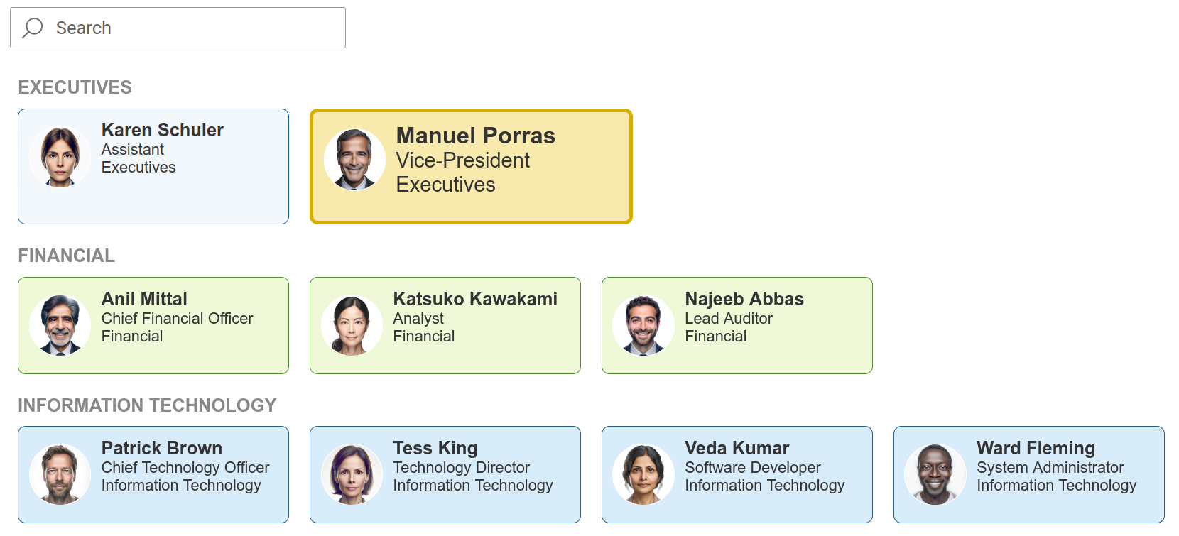 Employee cards grouped by department in Employee Directory view