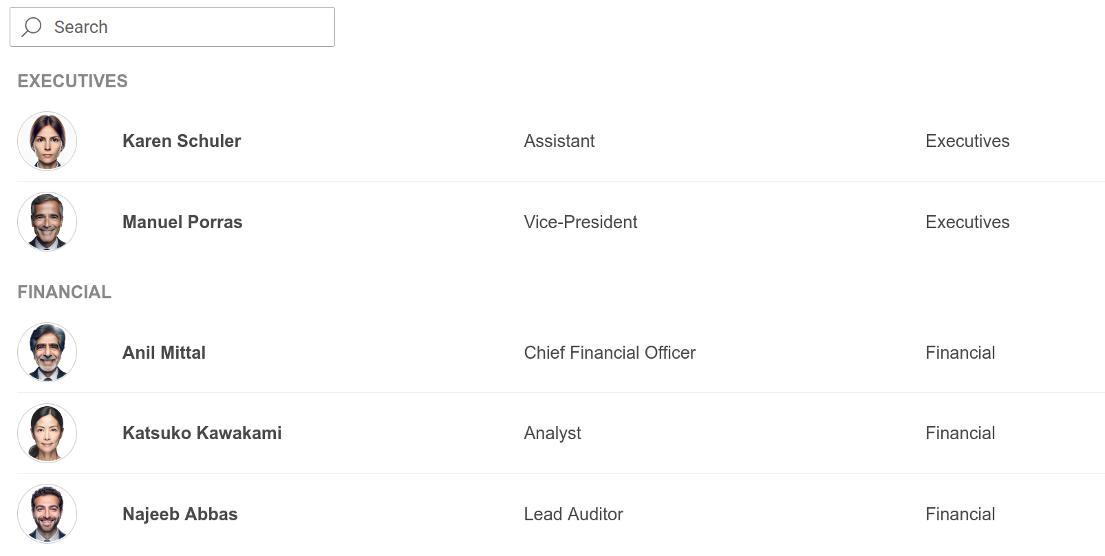 Grouped employee list by department in Employee Directory view