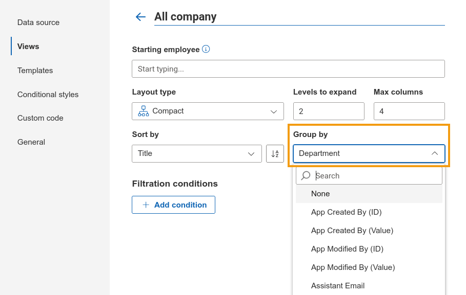 Group by dropdown for selecting a field in Org Chart view settings