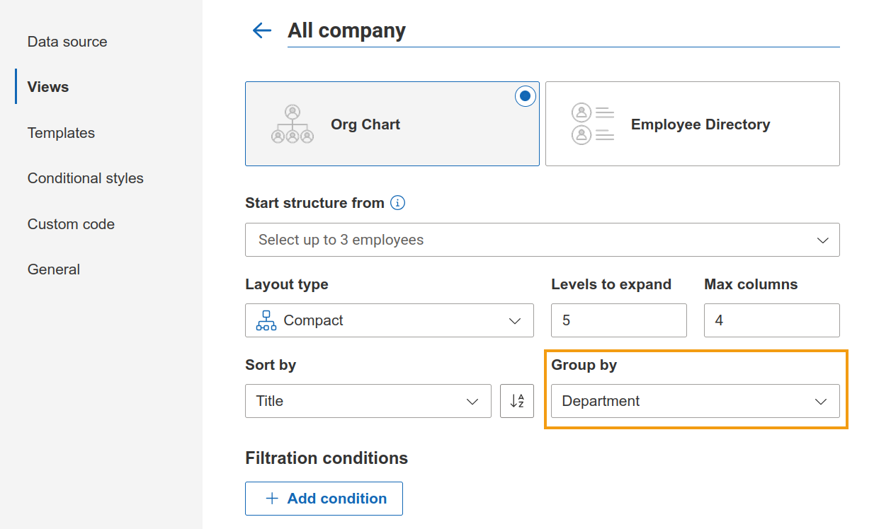 Group by dropdown for selecting a field in Org Chart view settings