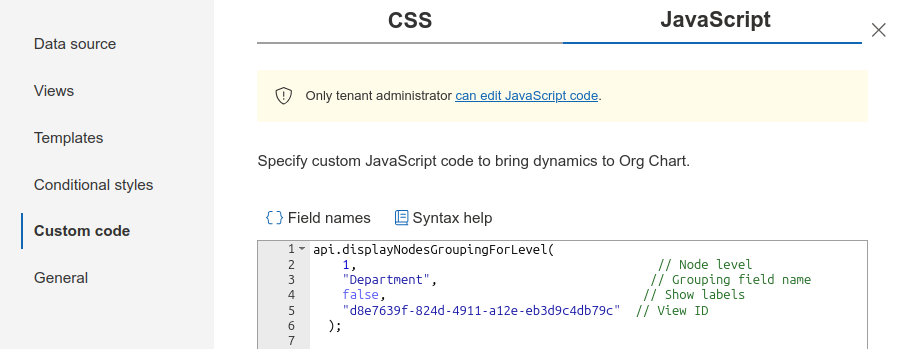 Custom JavaScript code for grouping Org Chart boxes by Department field