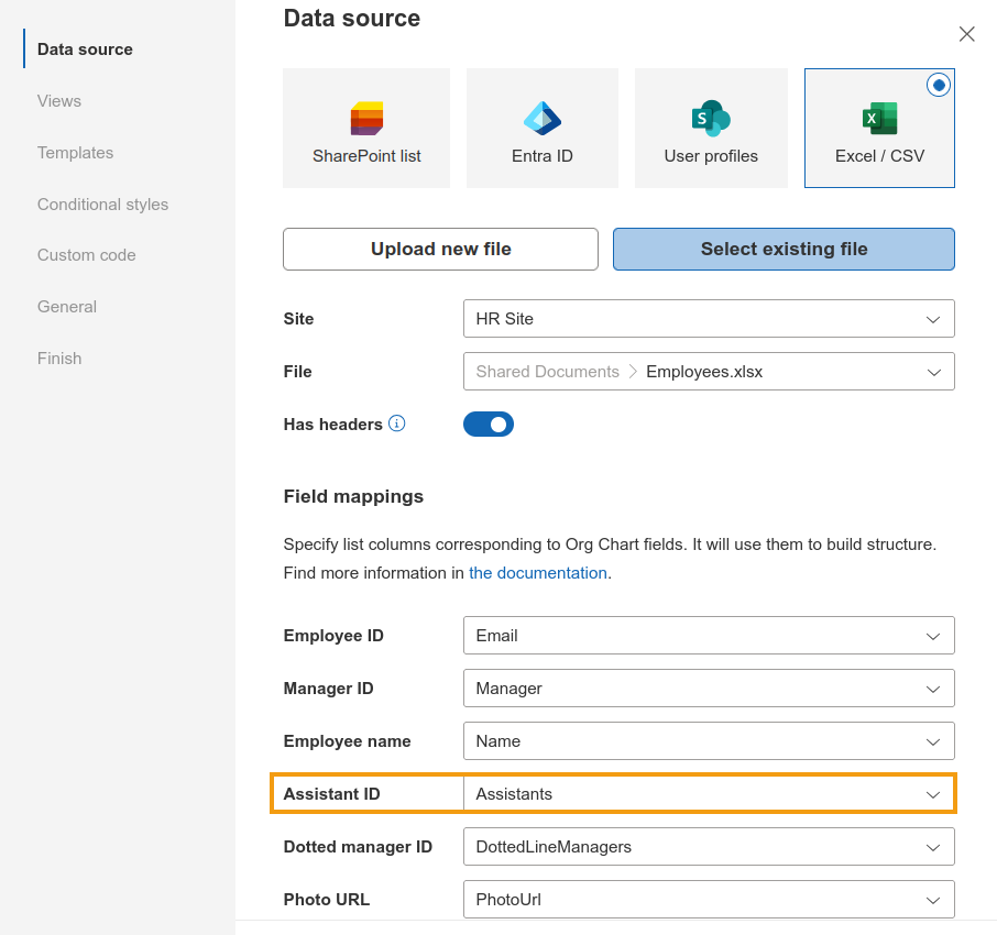 Org Chart field mapping configuration for the Assistant ID column