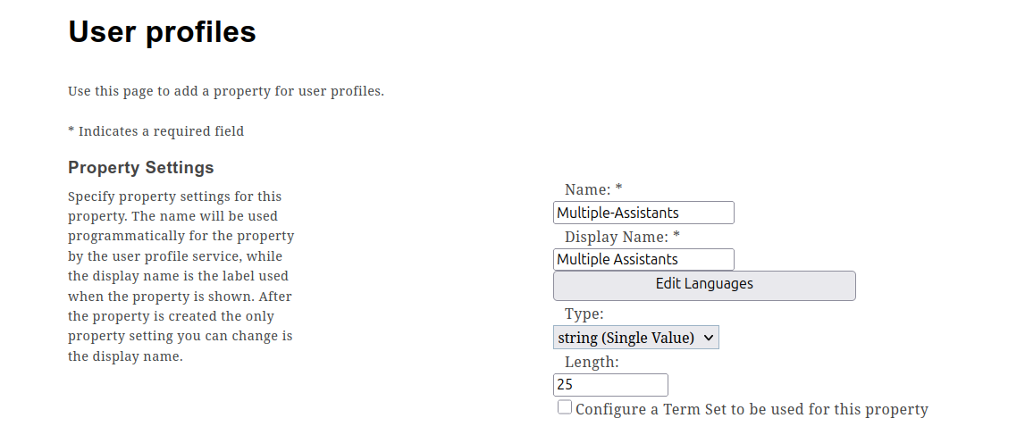 SharePoint User Profile property settings for creating a custom assistant property