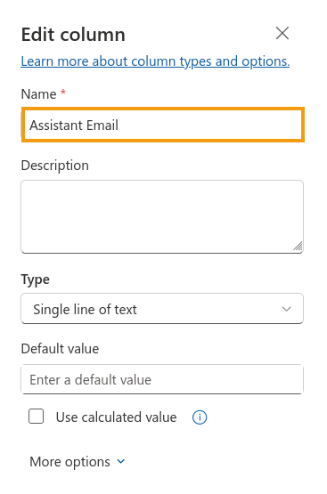SharePoint list column settings for storing assistant email addresses