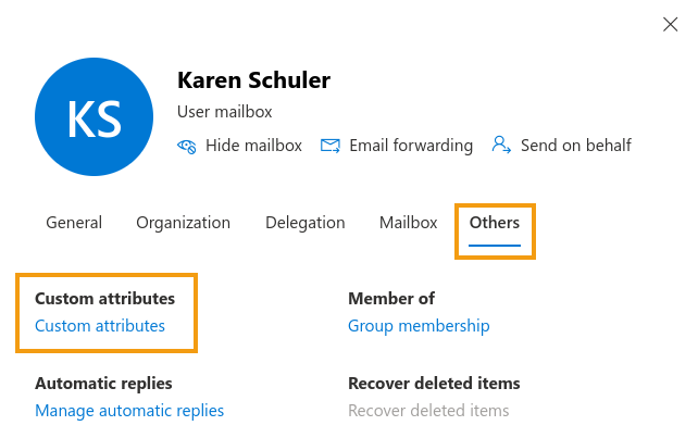 Exchange Online Admin Center showing the Custom attributes option in user properties