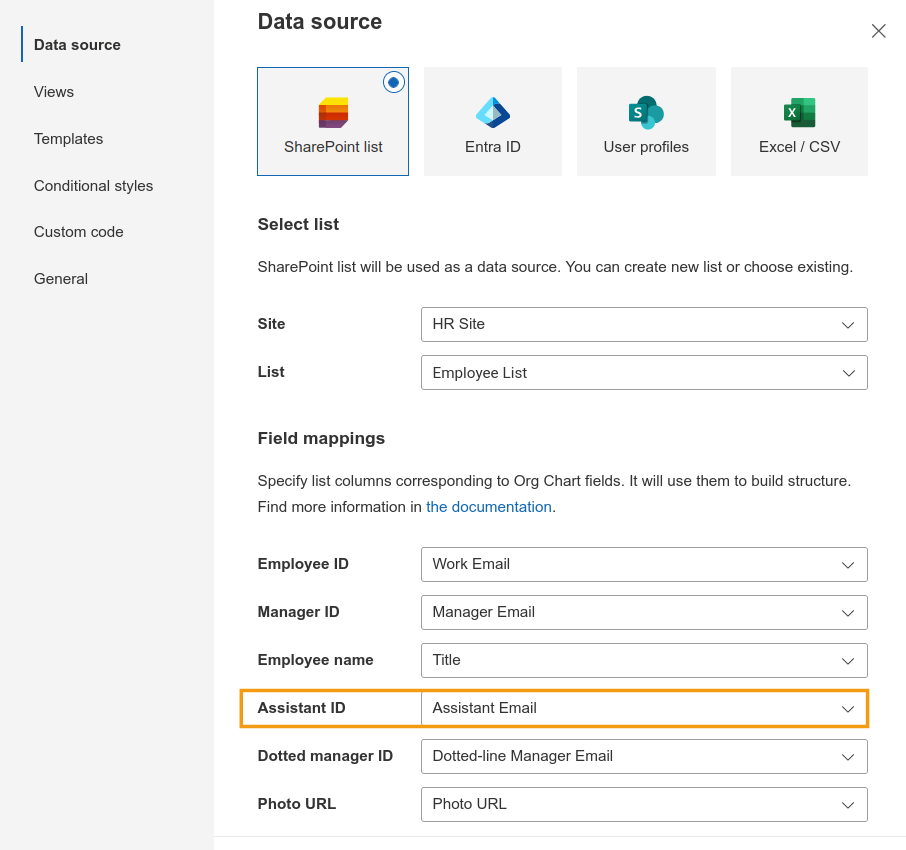 Org Chart field mapping configuration for the Assistant ID column