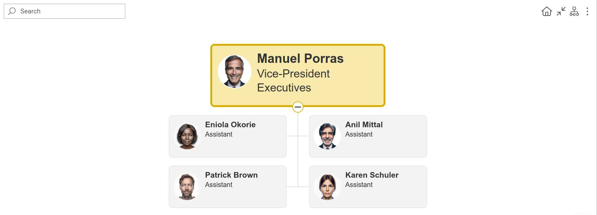Org Chart showing four assistants connected to an employee