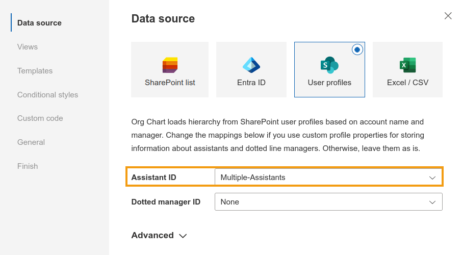 Org Chart mapping settings showing the custom Multiple-Assistants property