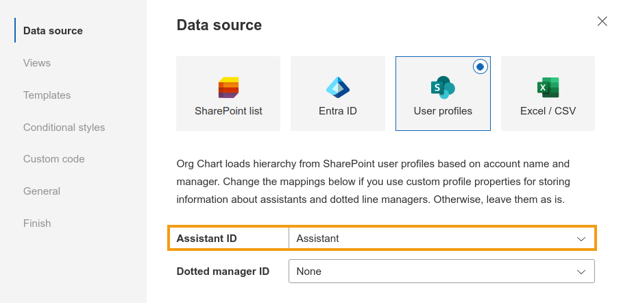 Org Chart field mapping settings showing the Assistant user profile property