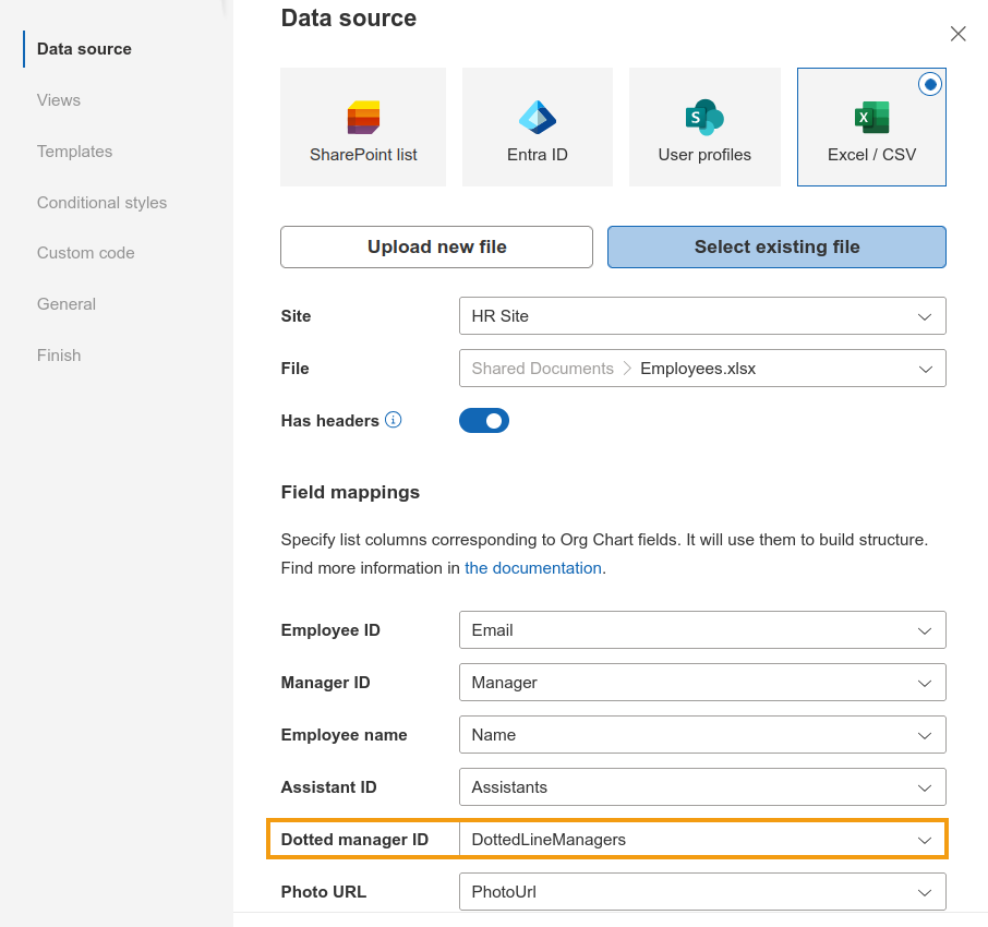Org Chart field mapping settings for dotted-line manager columns