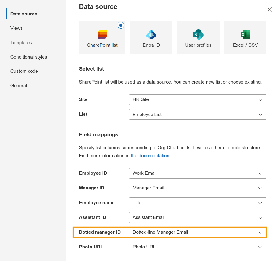 Org Chart field mapping settings for dotted-line manager columns
