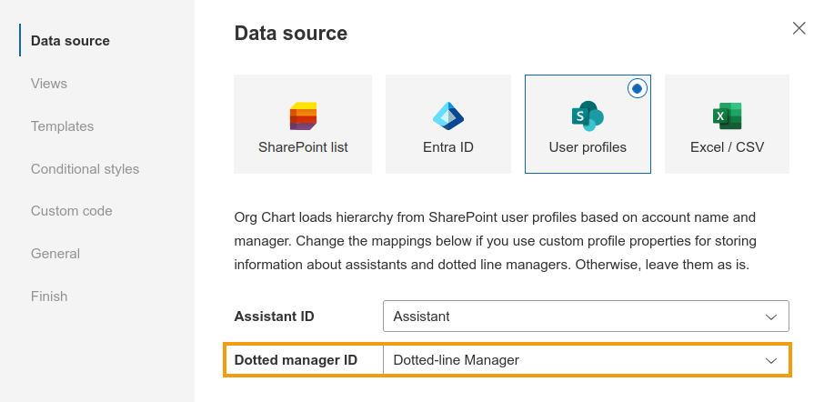 Org Chart field mapping settings for dotted-line manager property