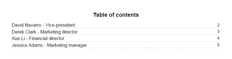 Reports table of contents