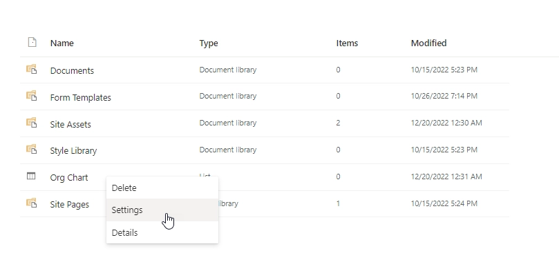 List settings