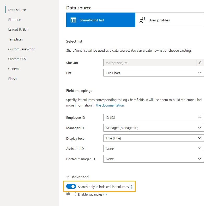 Org Chart settings