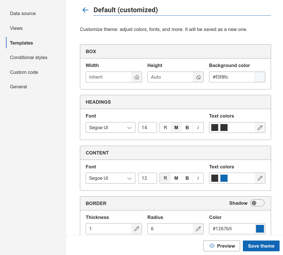 Theme editor panel with settings for box, headings, content, border, and expand/collapse sign