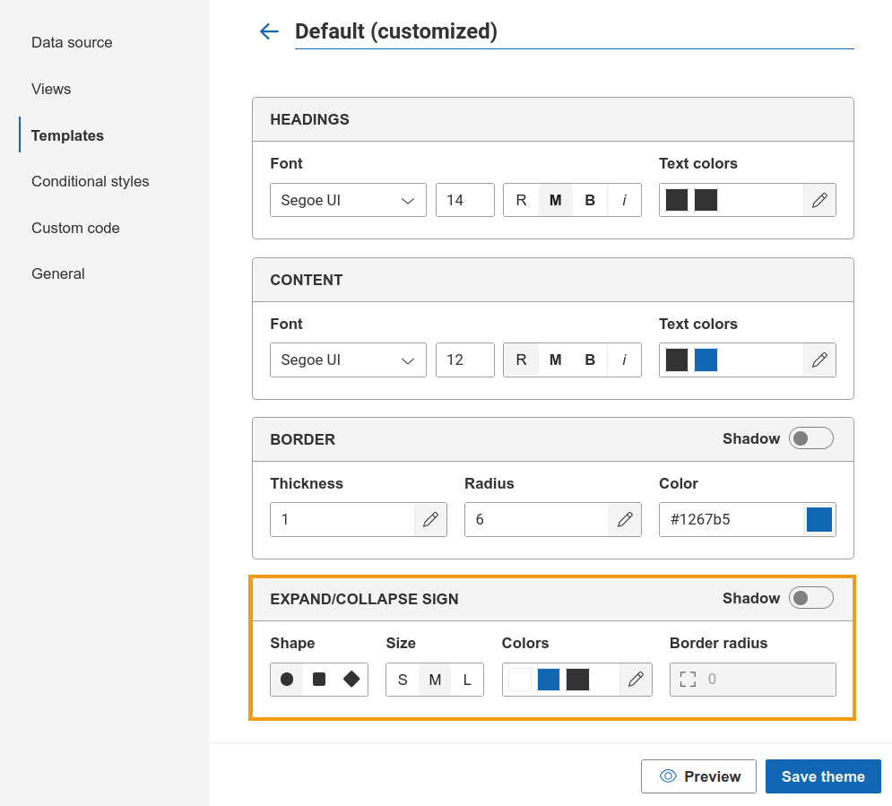 Expand/collapse sign settings for customizing shape, size, and colors
