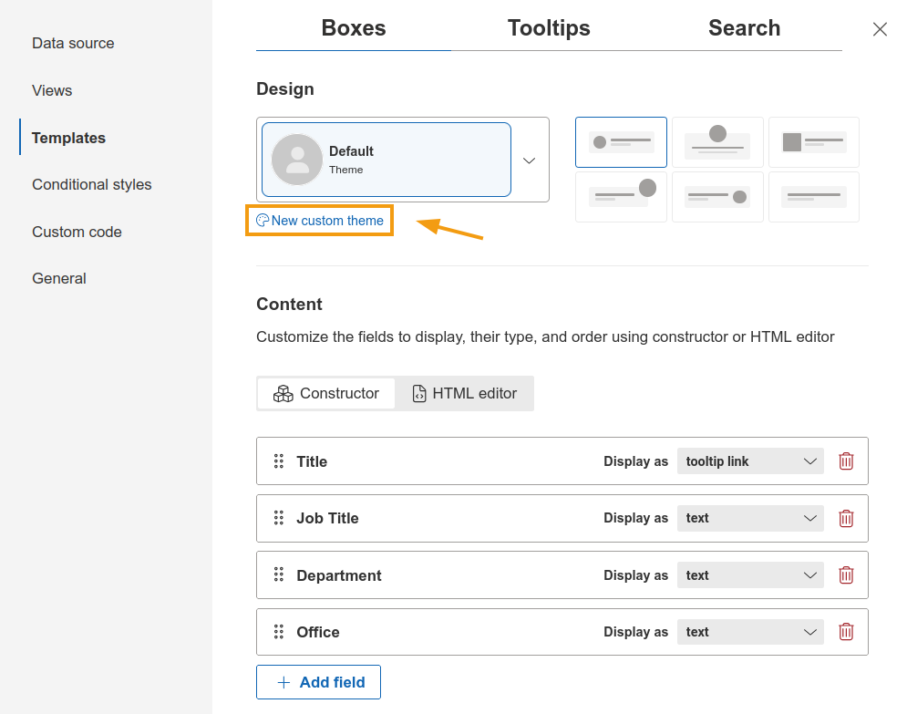 New custom theme button in the Templates step