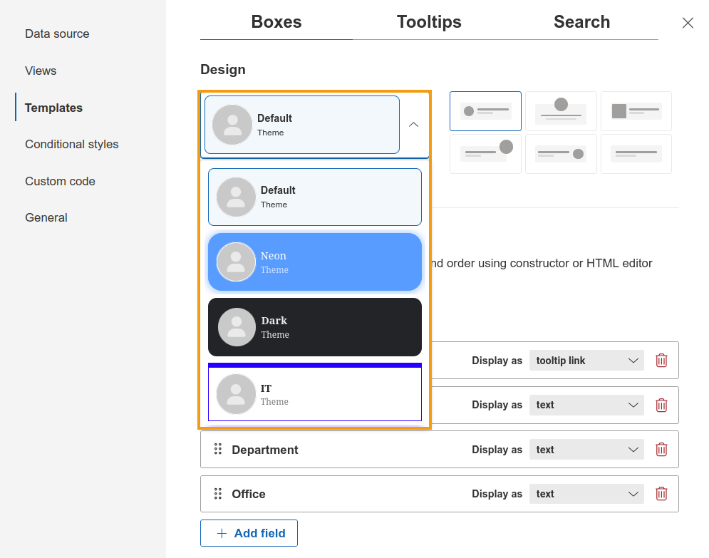 Theme selector in the Templates step showing available built-in themes