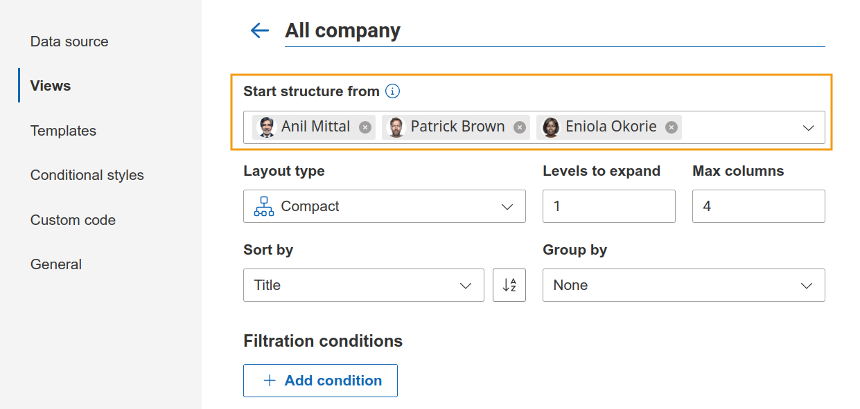 Select a starting employee for the Org Chart structure