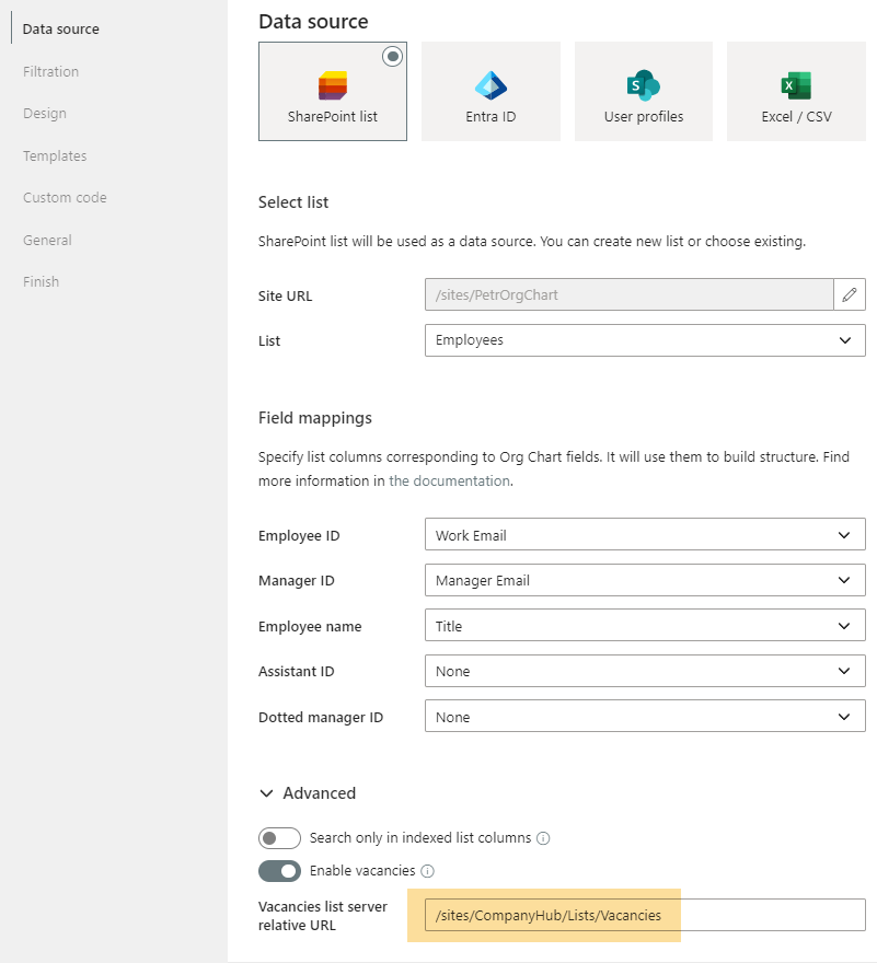 Org Chart vacancies configuration