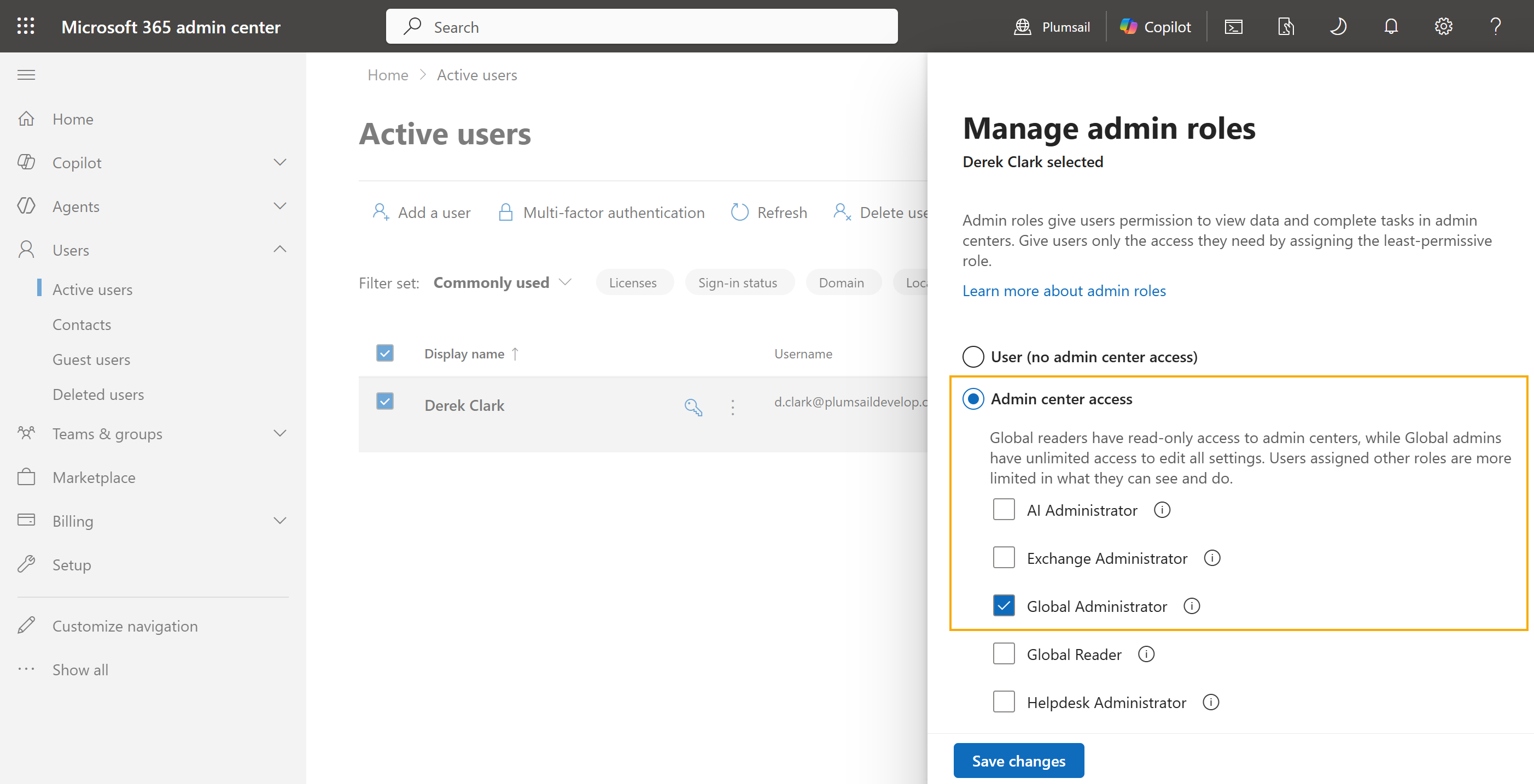 Grant Global Administrator permissions to the user