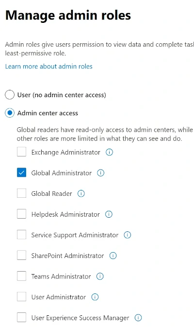 Grant Global Administrator permissions to the user
