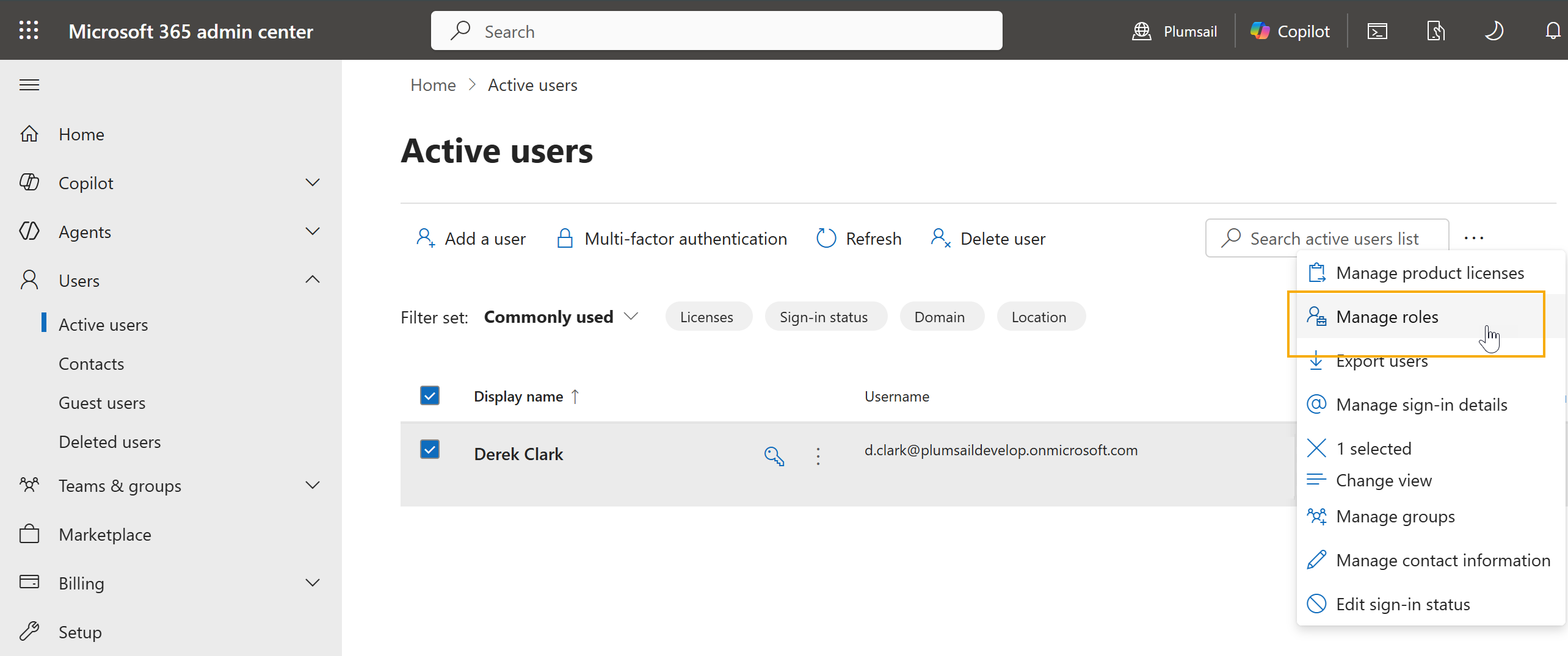 Selecting Manage roles for a user in Microsoft 365 admin center