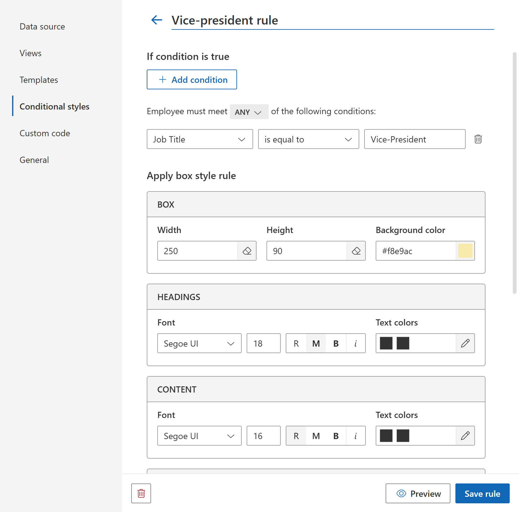 Edit a conditional style rule in the Org Chart configuration wizard