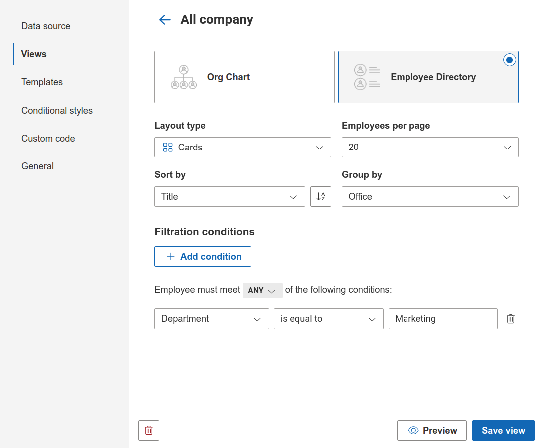 Employee Directory view settings