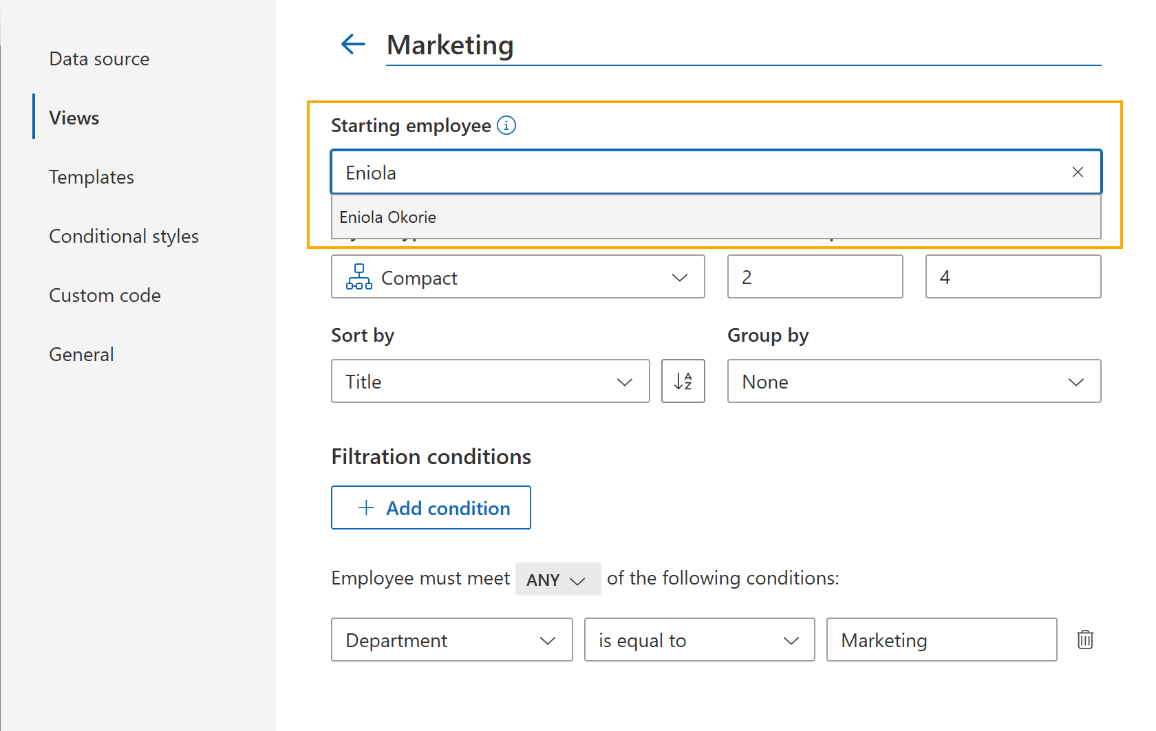 Select a starting employee for the Org Chart structure