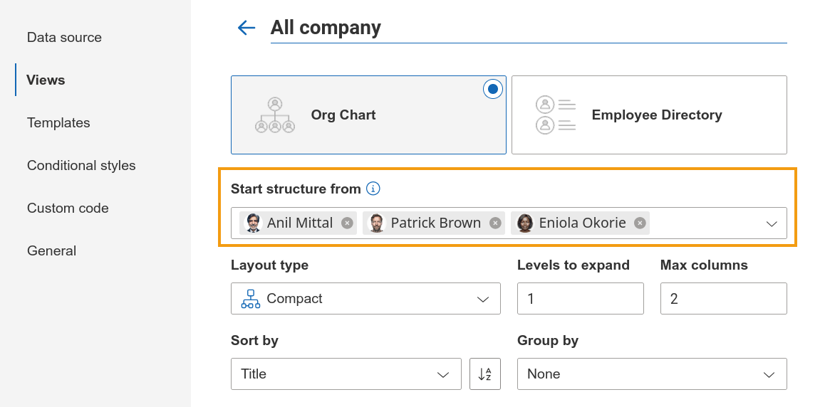 Select a starting employee for the Org Chart structure