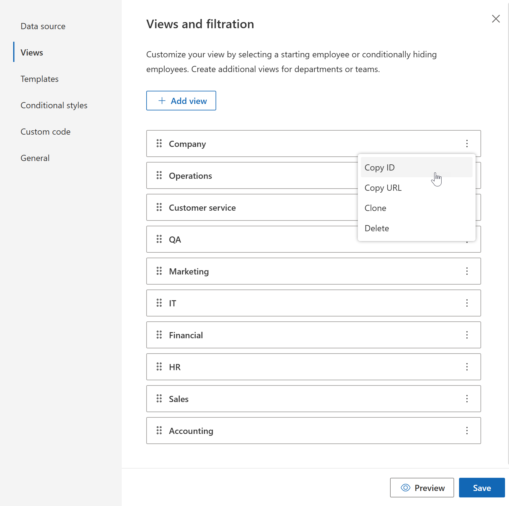 Org Chart view actions