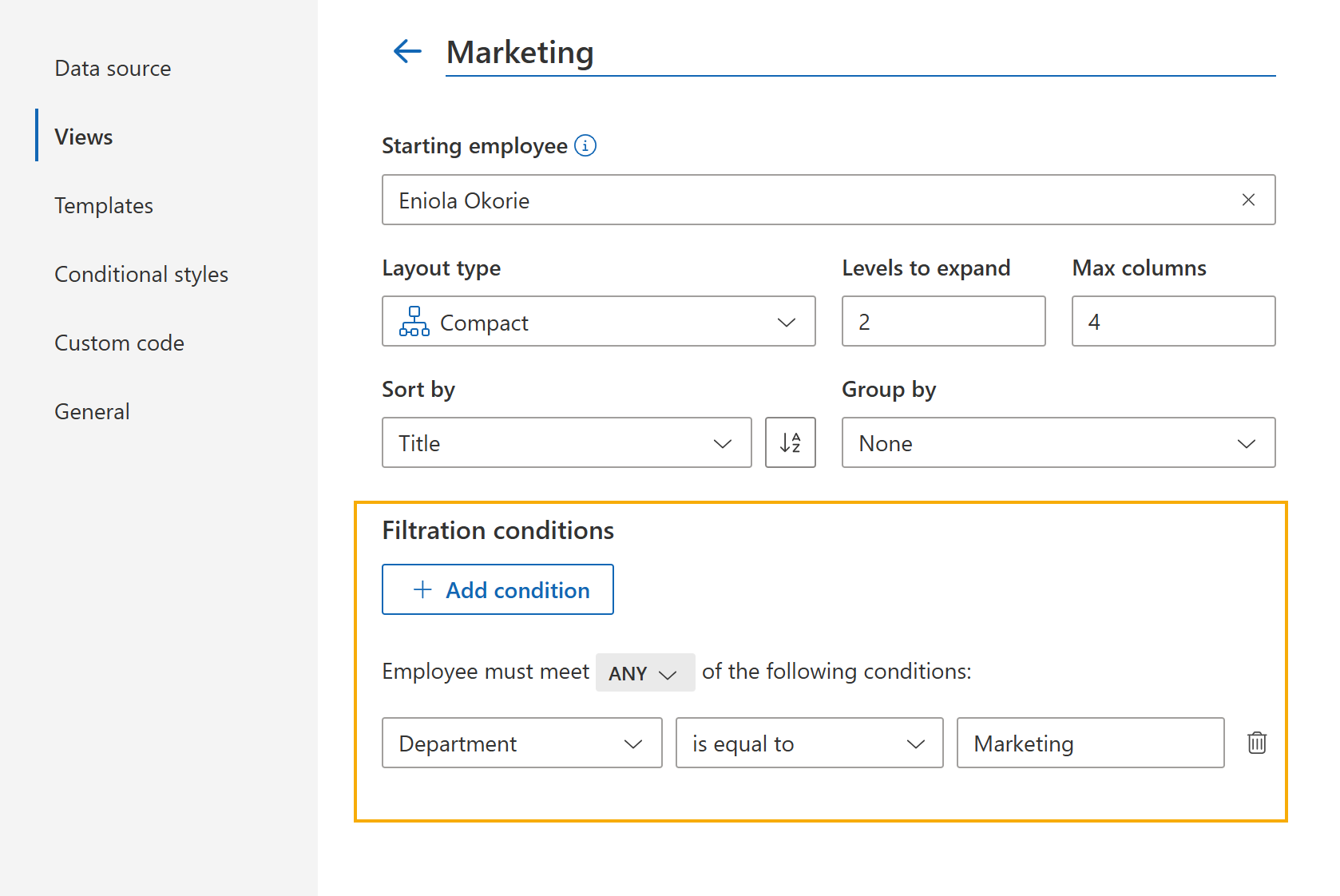 Configure filter conditions for employees in an Org Chart view