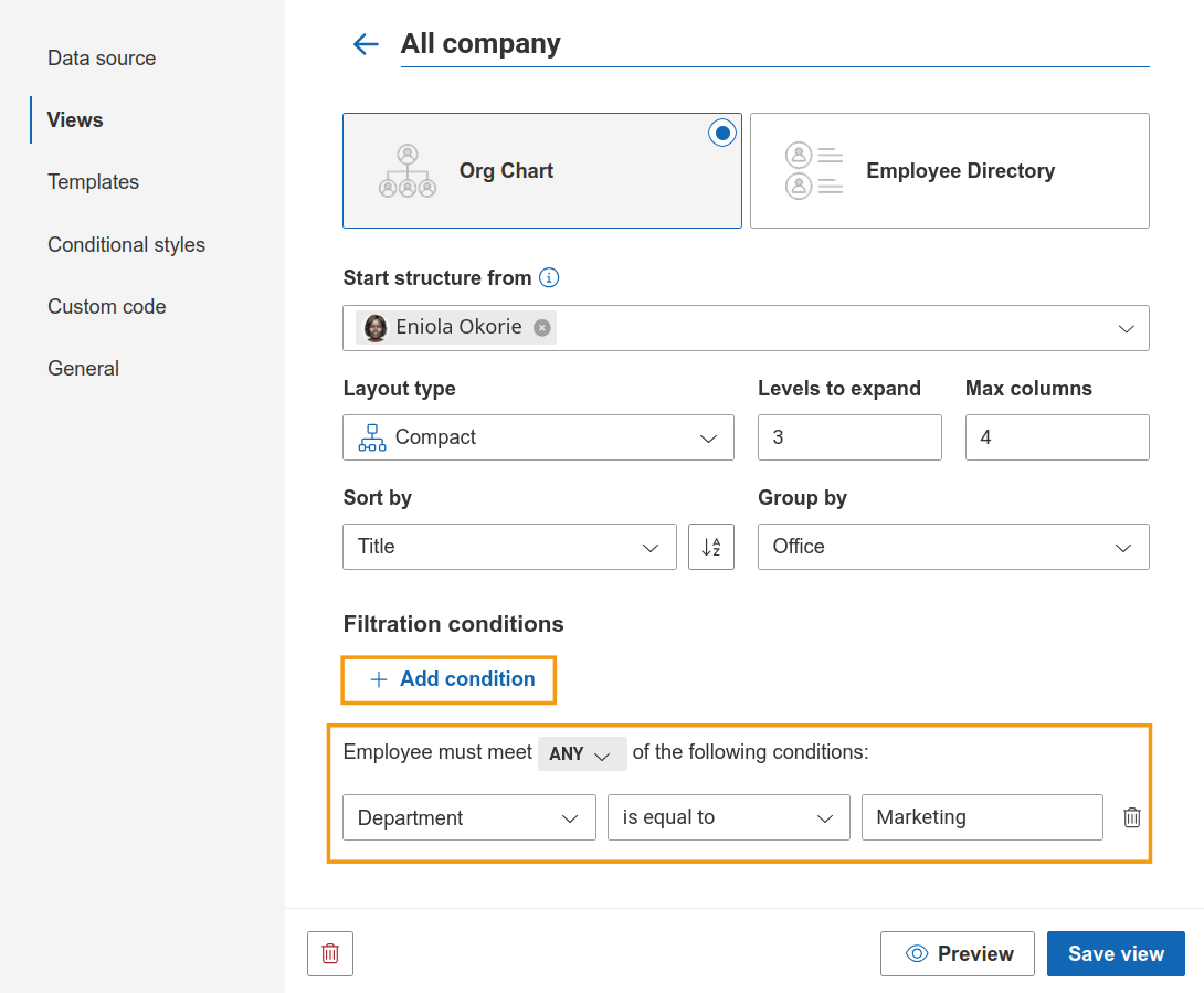Configure filter conditions for employees in an Org Chart view