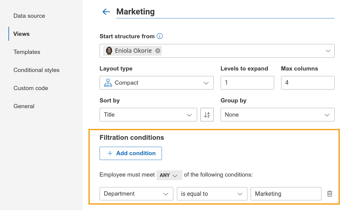 Configure filter conditions for employees in an Org Chart view