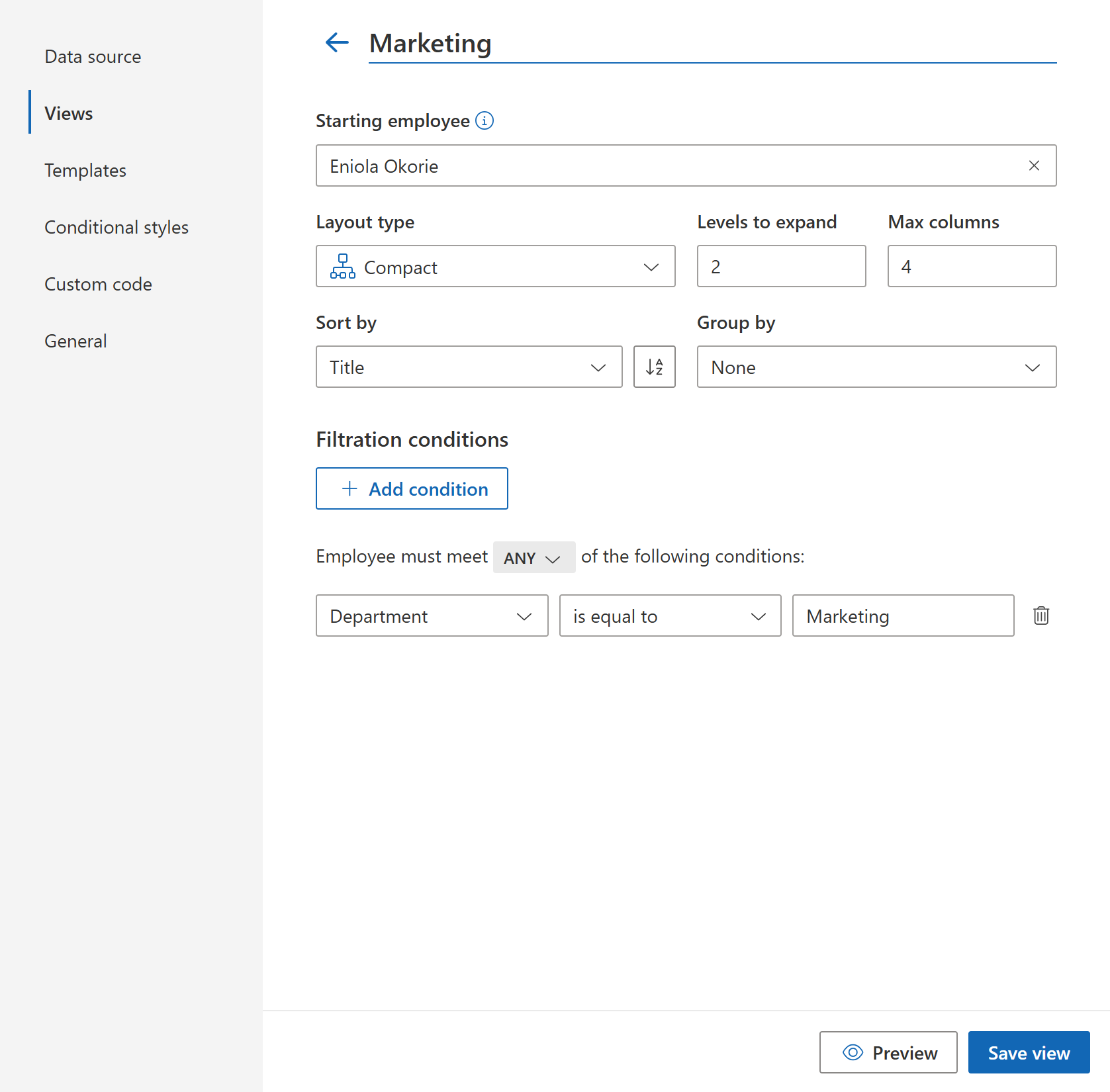 Org Chart view settings
